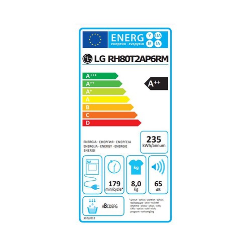 Secadora por condensación con bomba de calor LG RH80T2AP6RM, capacidad de secado: 8KG, clasificación energética: A++, H: 85cm, A: 60cm, F: 61cm.