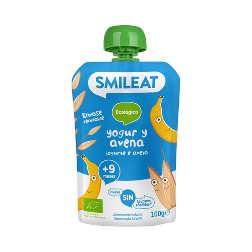 SMILEAT Bolsita de yogur, plátano y avena ecológica, a partir de 9 meses 100 g.