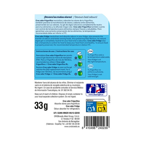 CROC ODOR Absorbe olores especial para frigorífico o nevera CROC ODOR