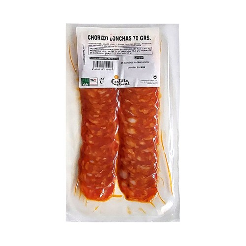RAZA Y SABOR Castilla natural Chorizo ecológico cortado en lonchas 70 g.