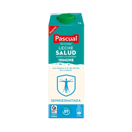 PASCUAL Leche semidesnatada de vaca, con vitaminas A, D, B6, B9 y B12, Zinc y Selenio PASCUAL Inmune 1 l.