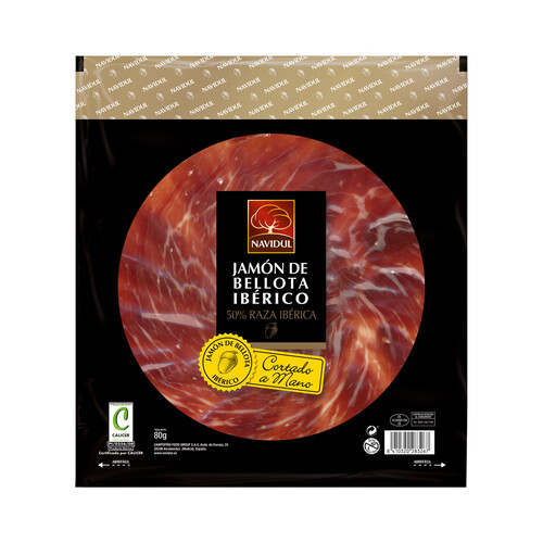 Jamón de bellota ibérico (50% raza ibérica), cortado a mano NAVIDUL 80 g.