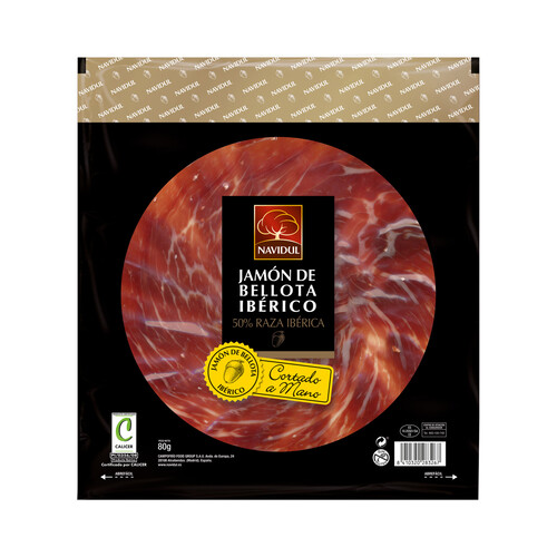 NAVIDUL Jamón de bellota ibérico (50% raza ibérica), cortado a mano NAVIDUL 80 g.