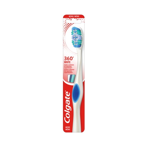 COLGATE 360º white Cepillo de dientes medio, que ayuda prevenir la acumulación de bacterias.