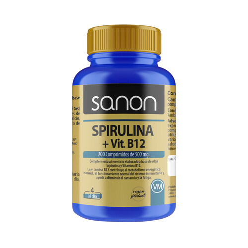 SANON Complemento alimenticio a base de alga espirulina y vitamina B12 200 comprimidos.