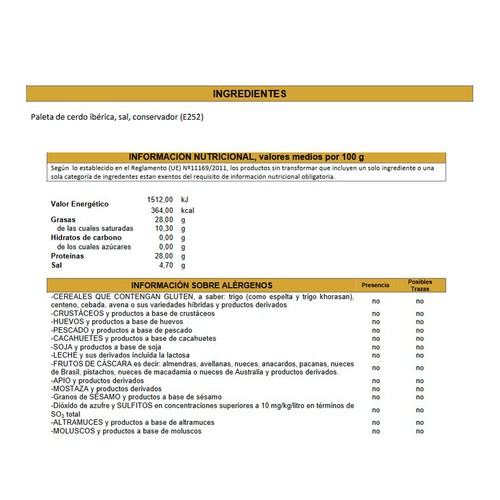 FINCA JARALLANA Paleta de cebo ibérica (50% raza ibérica) cortada en lonchas 100 g. 