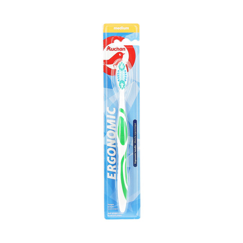 PRODUCTO ALCAMPO Cepillo de dientes con raspador de lengua y filamentos medios AUCHAN Ergonomic.