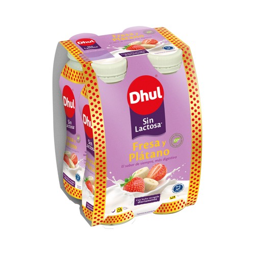 Yogur líquido para beber, sin lactosa con fresa y plátano DHUL Sin lactosa 4 x 160 g.