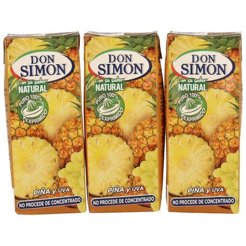Zumo exprimido de piña y uva sin pulpa DON SIMON pack 3 brik x 20 cl.