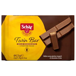 SCHÄR Galletas barquillos cubiertos de chocolate con leche sin gluten SCHAR Twin Bar, 3 uds x 21,5 g.