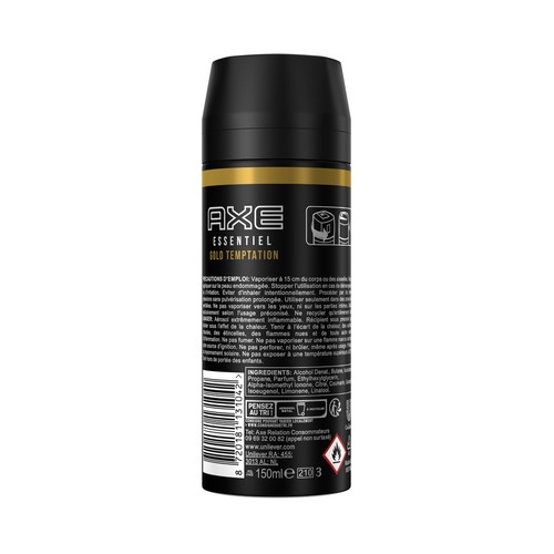 AXE Essential Gold temptation Desodorante en spray para hombre con protección antitranspirante hasta 24 horas 150 ml.