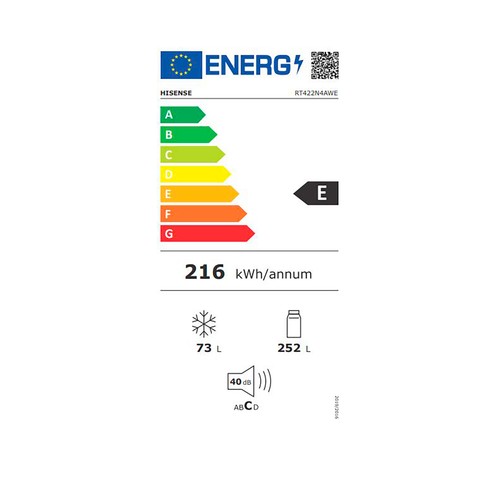 Frigorífico 2 puertas HISENSE RT422N4AWE NO FROST, color blanco, clasificación energética: E, H: 169,6cm, A: 59,5cm, F: 65cm, capacidad total: 325L.