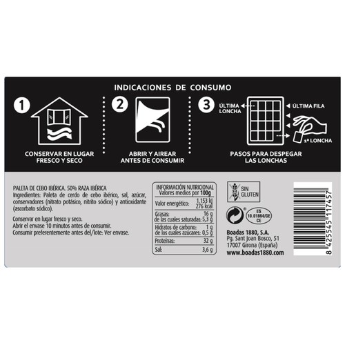 BOADAS 1880 al corte Paleta de cebo ibérica (50% raza ibérica), cortada en finas lascas 90 g.