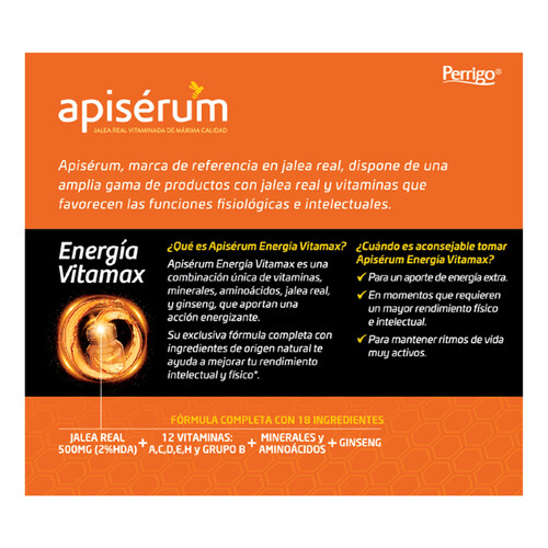 APISÉRUM Complemento alimenticio con jalea real vitaminada en cómodos viales APISÉRUM Energía vitamax 18 uds.