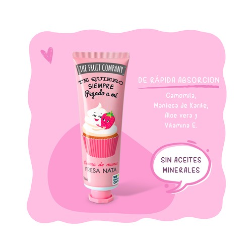 THE FRUIT COMPANY Crema de manos con ingredientes naturales y aroma a fresa y nata 50 ml.