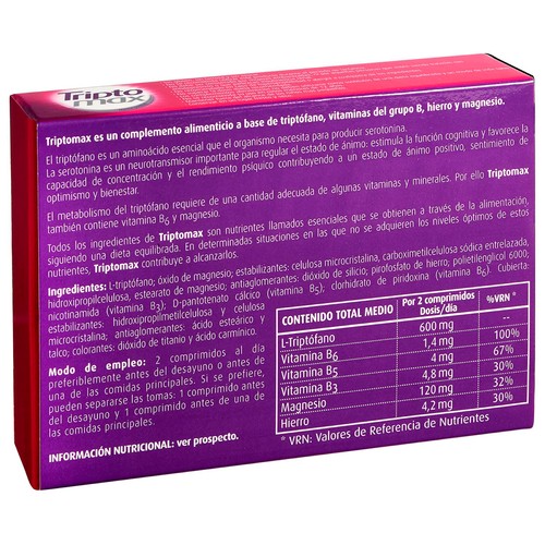 TRIPTOMAX Complemento alimenticio a base de Triptófano, vitaminas (B3, B5, B6), magnesio y hierro 30 uds.