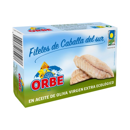ORBE Filetes de caballa en aceite de oliva virgen extra ecológico, bajo en sal ORBE 87 g.