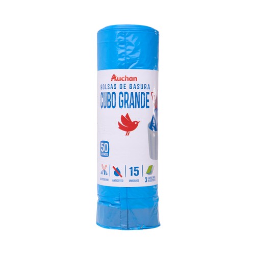 Bolsas de basura con autocierre capacidad. azul 50 litros 70 x 75 cm PRODUCTO ALCAMPO 15 uds.