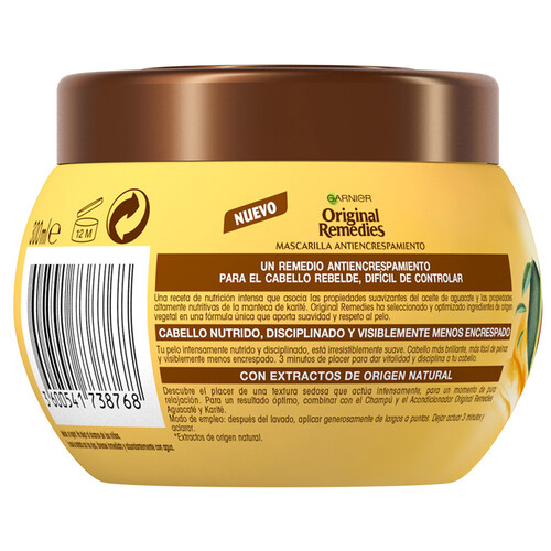 ORIGINAL REMEDIES Mascarilla capilar antiencrespamiento con aceite de aguacate y manteca de karité para cabello rebelde ORIGINAL REMEDIES de Garnier 300 ml.