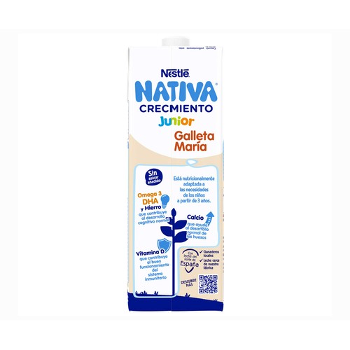 NATIVA Junior de Nestlé Leche de crecimiento con sabor a galleta Maria, a partir de 3 años 1 l.