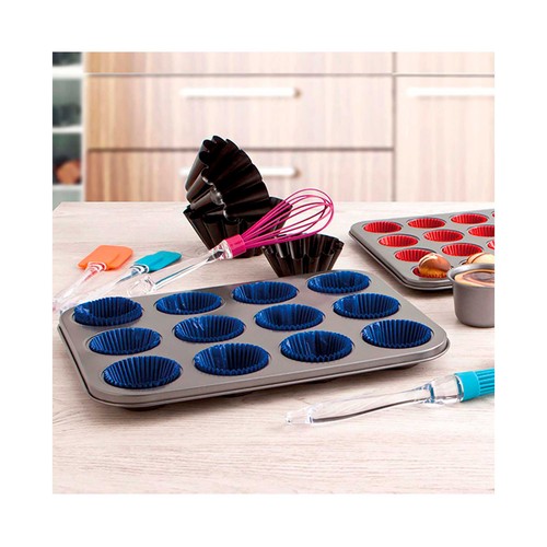 Bandeja molde horno de metal, 12 cupcakes, color gris, QUID