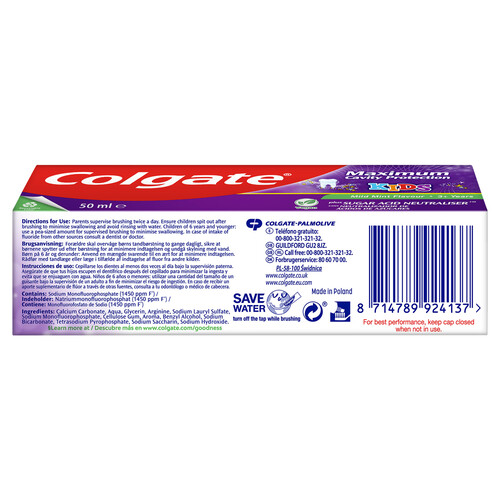 COLGATE Pasta de dientes infantil para niños de + de 3 años, con flúor, calcio y sabor menta suave COLGATE Maximun protection caries kids 50 ml.