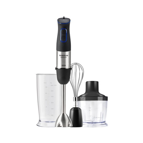 Batidora de mano TAURUS HBA1000X, 1000W, 20 velocidades + Turbo, incluye vaso, varilla emulsionadora y picador.