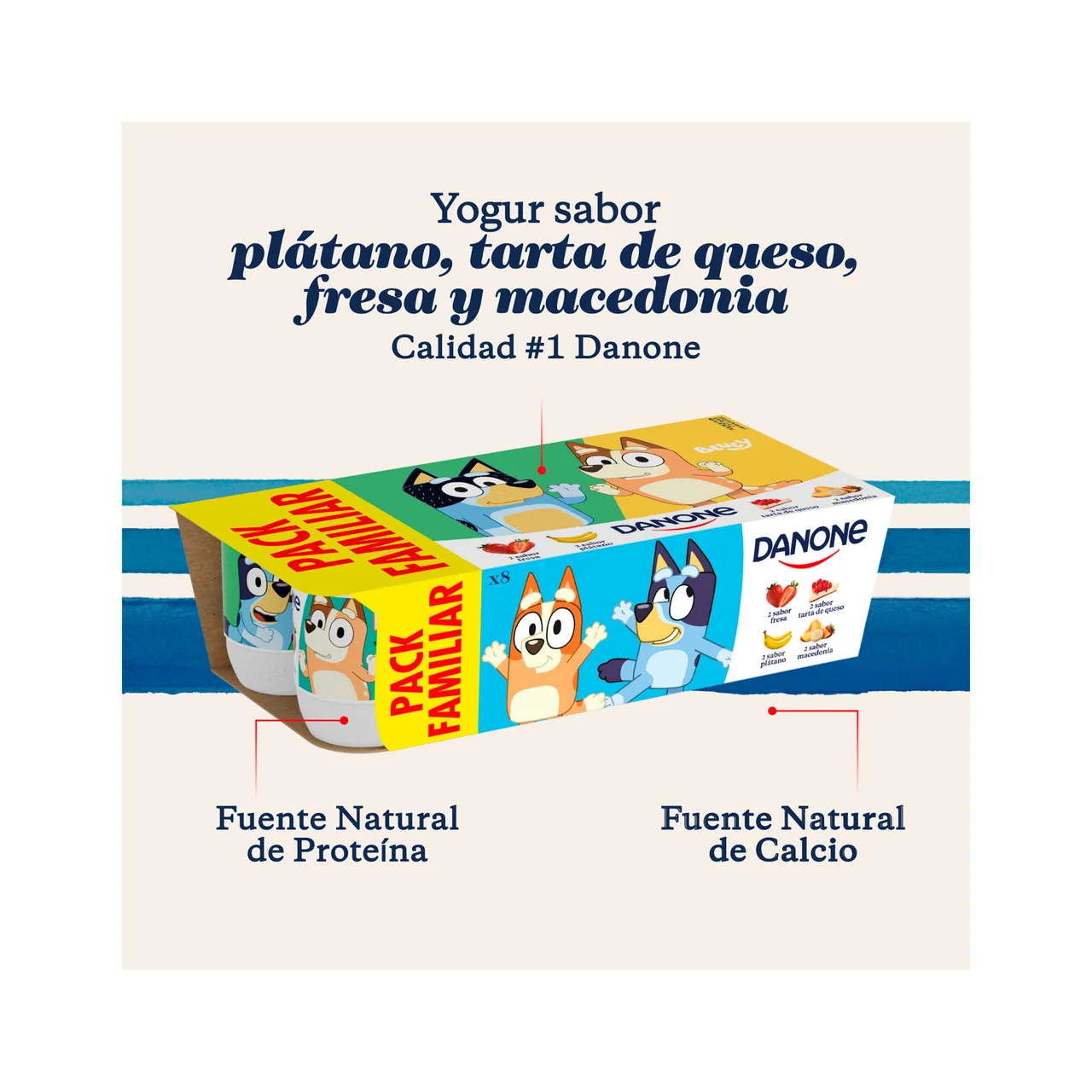 Yogures con sabores variados (fresa (2), macedonia (2), plátano (2) y tarta de queso (2)) 8 x 120 g.