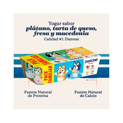 DANONE Yogures con sabores variados (fresa (2), macedonia (2), plátano (2) y tarta de queso (2))  8 x 120 g.