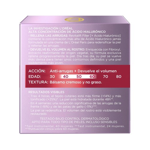 L´ORÉAL PARIS Revitalift filler 50 ml Crema de día antiarrugas con ácido Hialurónico.