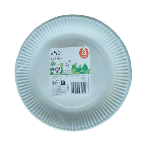 Pack de 50 platos de cartón blanco, 18 cm, Esencial ACTUEL.