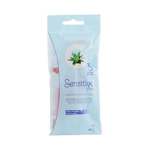Cuchillas desechables con cabezal pivotante de 3 hojas, especial pieles sensibles COSMIA Sensitive flex 4 uds.
