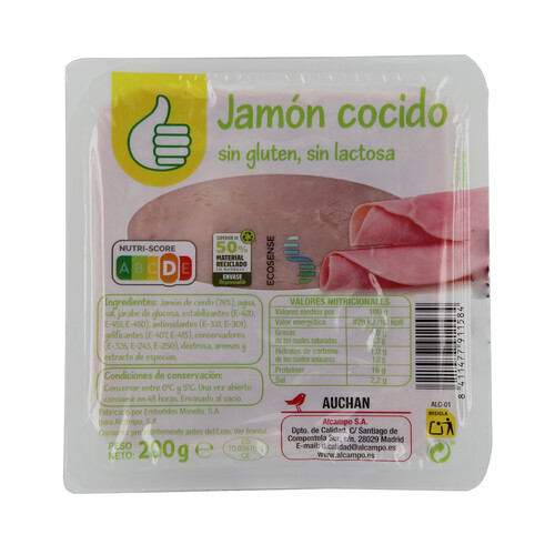 Jamón cocido cortado en lonchas, sin gluten y sin lactosa PRODUCTO ECONÓMICO ALCAMPO 200 g.