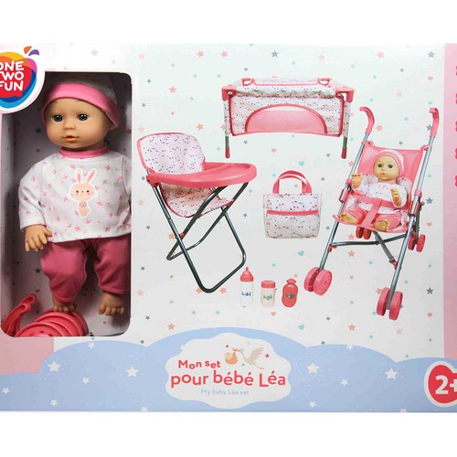 Carrito de muñecas conjunto silla, trona y cuna con muñeco de 30cm color rosa, ONE TWO FUN