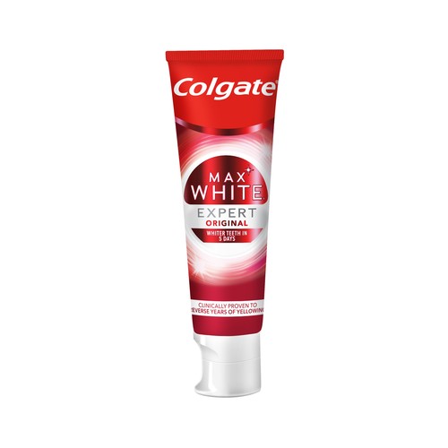 COLGATE Max white expert original Pasta de dientes blanqueadora con flúor, sabor menta 75 ml.