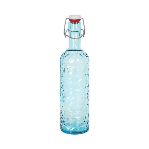 Botella de vidrio de 1 litro, color azul con diseño en relieve, tapón de clip, Cool Blue BORMIOLI ROCCO.