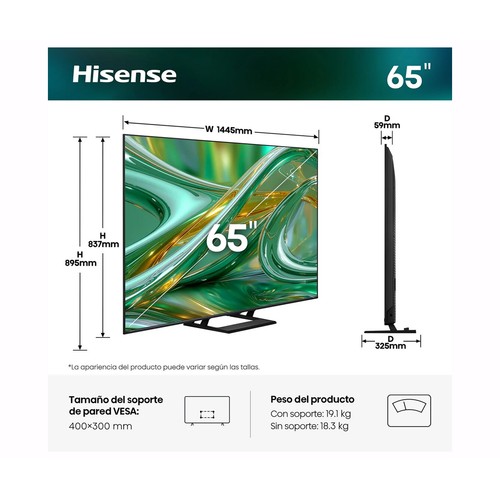 Televisión de 164 cm (65") QLED Miniled HISENSE 65E8S,4K,SMART TV , VIDAA, 144Hz, 2USB, 4HDMI