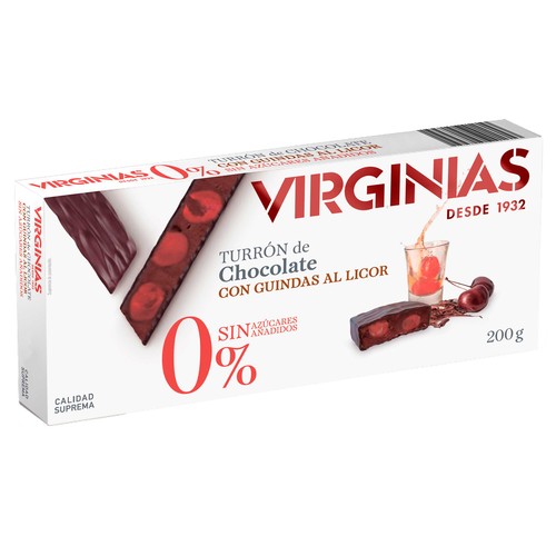 Turrón trufado de chocolate con guindas al licor sin azúcares añadidos VIRGINIAS 200 g.