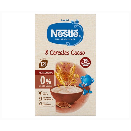 NESTLÉ Papilla de 8 cereales con cacao, sin azúcares añadidos, a partir de 12 meses 475 g.