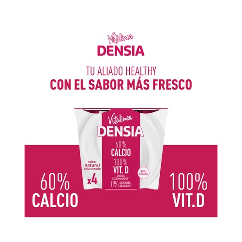 DENSIA Yogur desnatado natural edulcorado, que ayuda a el control de la densidad ósea Vitalinea de Danone 4 x 120 g.
