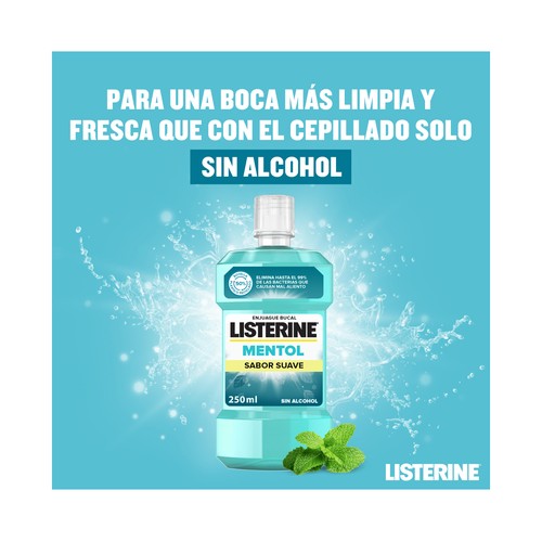 LISTERINE Enjuage bucal de uso diario sin alcohol, con flúor y sabor suave a mentol 250 ml.