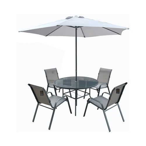 Conjunto de jardín con mesa, 4 sillas y parasol color gris, IKUNIK.