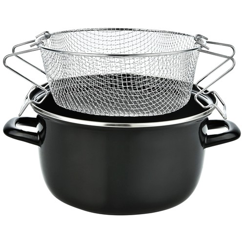 Cacerola freidora de acero esmaltado apta para inducción con cestillo, asas y tapa de vidrio, 26 cm. ACTUEL.