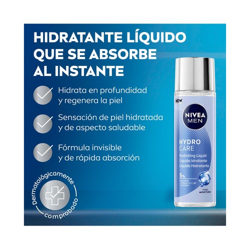 NIVEA Men hydrocare Líquido facial hidratante con ácido Hialurónico, vitaminas y glicerina 100ml.
