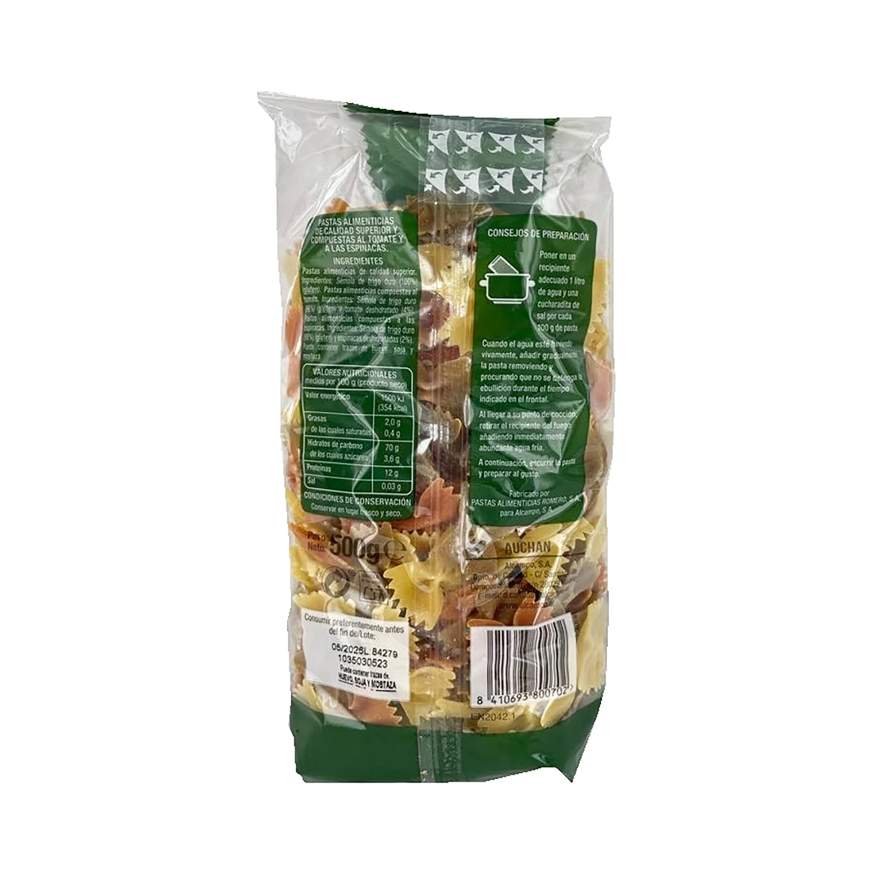PRODUCTO ALCAMPO Pasta Farfalle, con vegetales paquete 500 g.
