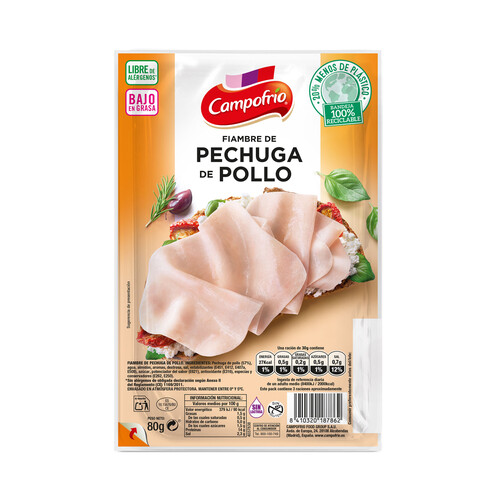 Fiambre de pechuga de pollo extra-jugosa, cortada en lonchas CAMPOFRÍO 80 g.