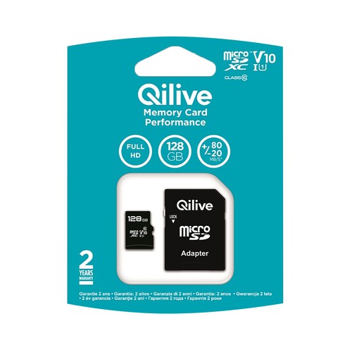 Tarjeta de memoria QILIVE MicroSDHC 128GB, clase 10, para FULL HD, adaptador SD.