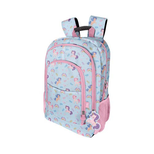 Mochila grande, 3 compartimentos con cremallera, diseño lovely unicorn, color azul y rosa, ARTIMBAL.