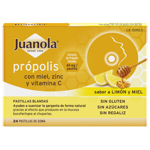Imagen de JUANOLA Pastillas de foma con extracto de Propolis, miel, zinc y vitamina C, con sabor a miel y limón 24 uds.