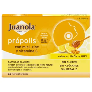 JUANOLA Pastillas de foma con extracto de Propolis, miel, zinc y vitamina C, con sabor a miel y limón 24 uds.